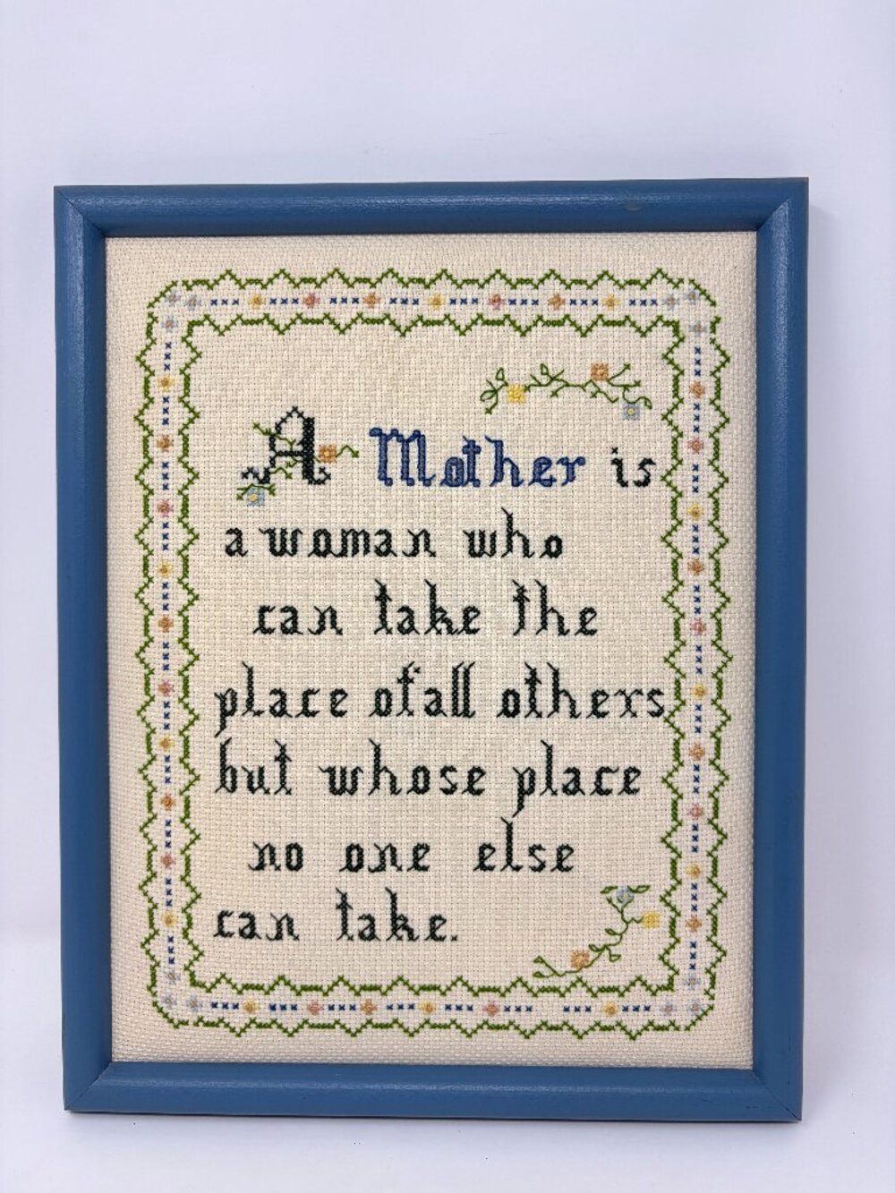 Vtg Mother / Motherhood Poem Completed Cross Stitch Needlework Blue Frame Art